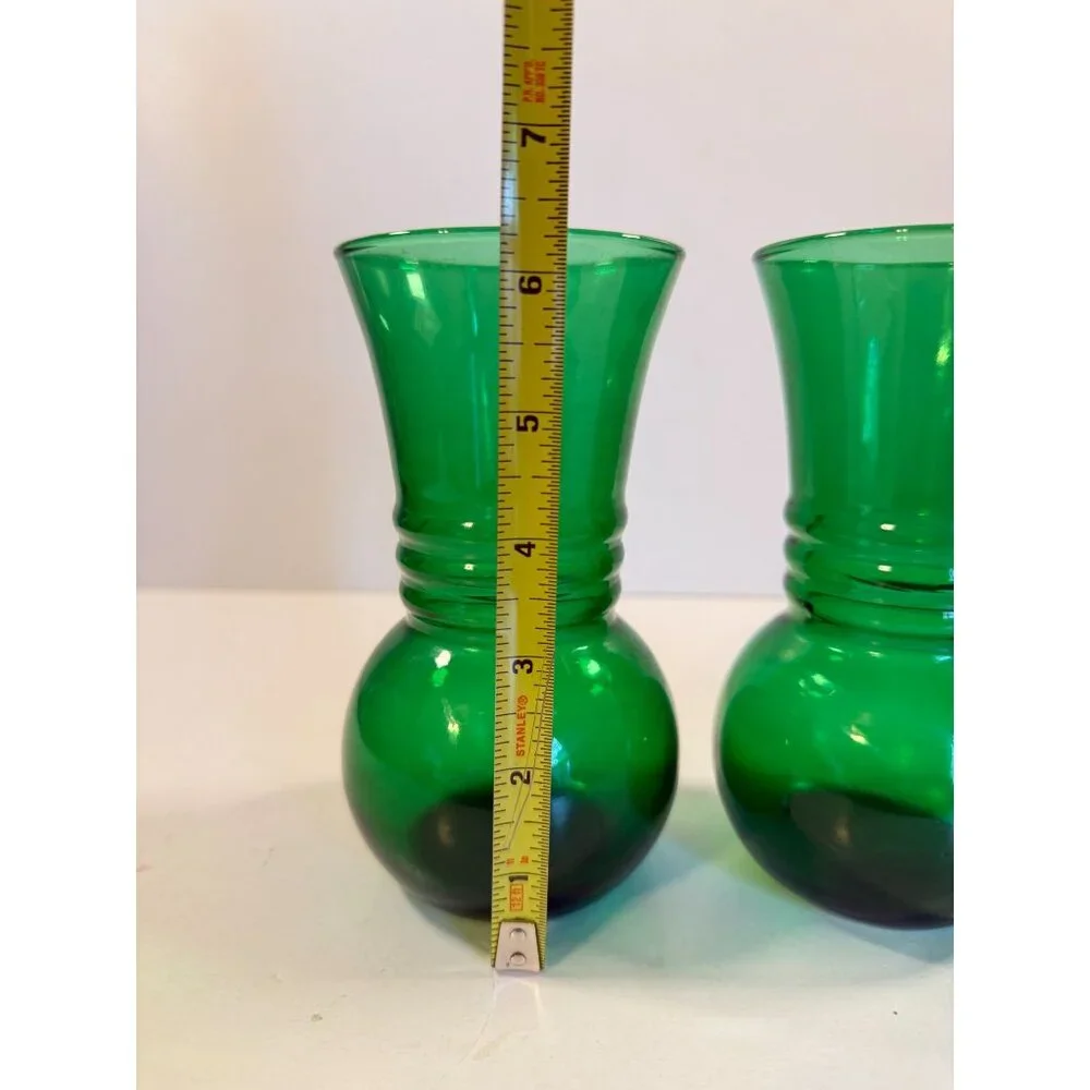 Vintage Mid Century Anchor Hocking Ribbed Forest Green Glass Vase Lot of 2